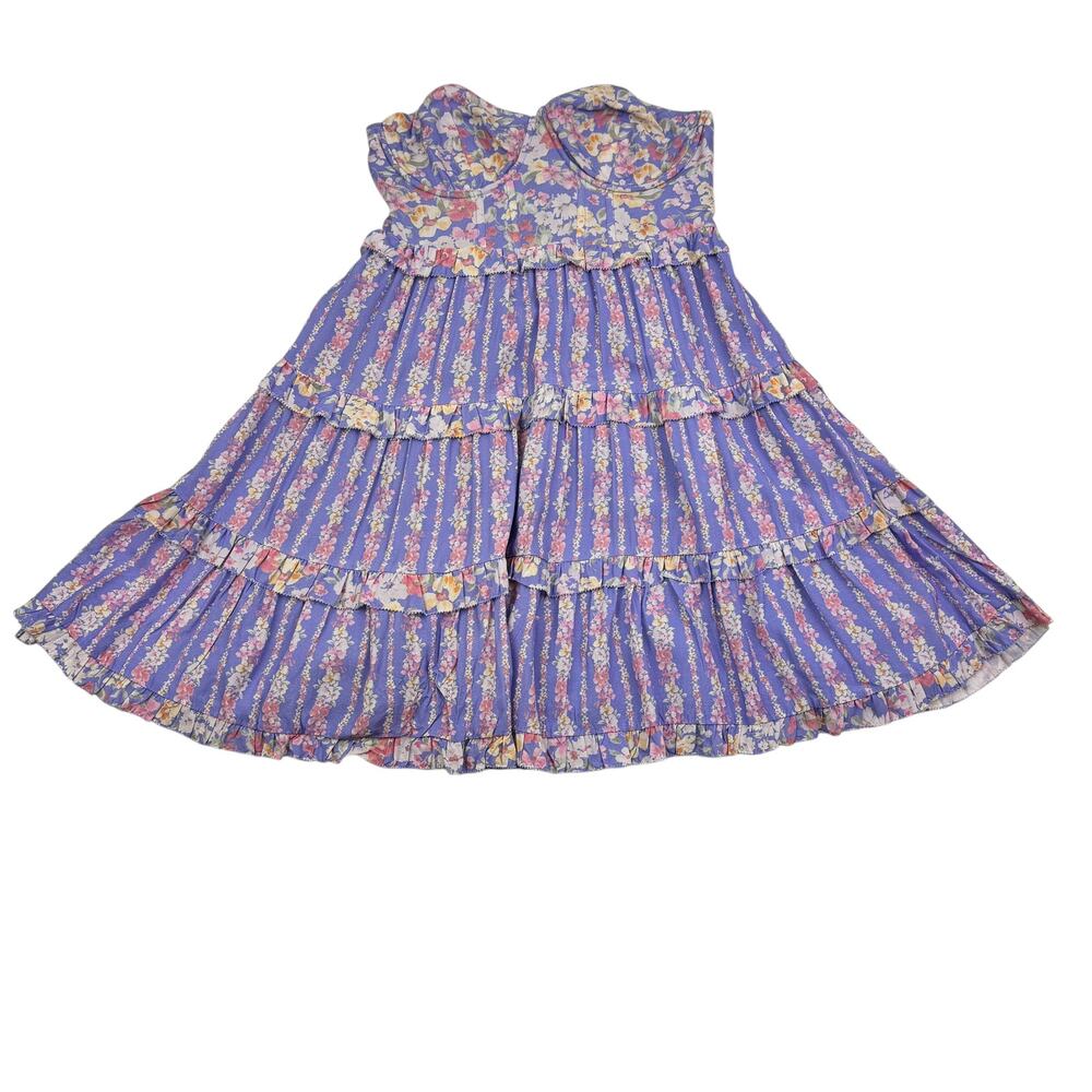 Altr'd State Lavender Purple Floral Strapless Bustier Tiered Mini Dress Size S